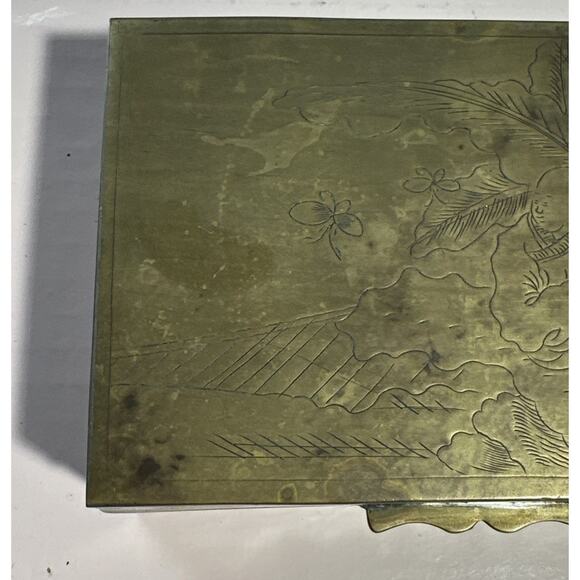 Vintage Brass Asian Jewelry Box With Art Image Old Trinket Box Antique Brass Box - Picture 3 of 12